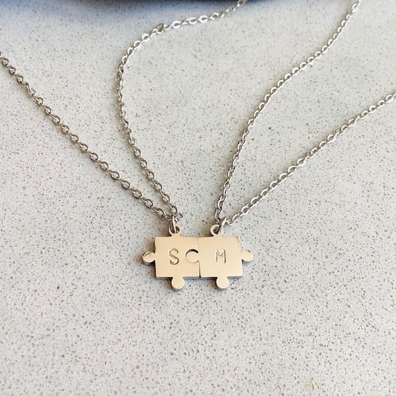 Personalized Initial Puzzle Necklace, Hand Stamped Necklace, BFF Couple Gift