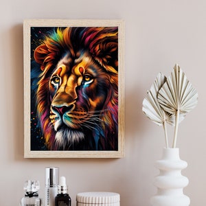 Löwe-Wandkunst, bunte Wandkunst, Löwe bunter abstrakter Digitaldruck, Löwengemälde, Löwe-Druck, abstrakte Kunst, Digitaldruck, Wohndekoration