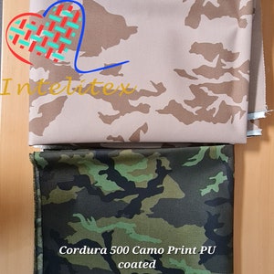 Könnte beinhalten: Zwei Stoffmuster. Das obere Muster ist ein beigefarbenes Tarnmuster mit dem aufgedruckten Text "Intelitex". Das untere Muster ist ein grünes, schwarzes und braunes Tarnmuster mit dem aufgedruckten Text "Cordura 500 Camo Print PU coated".