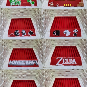 Könnte beinhalten: Sechs rote Präsentationsständer mit verschiedenen Videospiel-Logos. Die Logos sind Yoshi, Super Mario, Minecraft, The Legend of Zelda, Pokemon und Roblox.