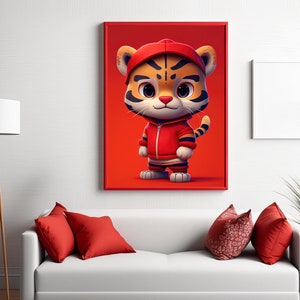 giovane tigre creata digitalmente sul computer con AI come file digitale per la decorazione della stanza dei bambini su uno sfondo rosso