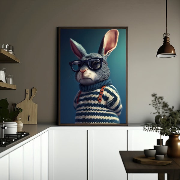 Bunny with glasses, striped sweater with suspenders as a digital file for wall design and screenshot