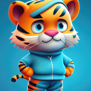 Giovane tigre creata digitalmente al computer con l&#39;intelligenza artificiale come file digitale per la decorazione della stanza dei bambini e screenshot, ad esempio per i telefoni cellulari