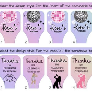 Etiquetas personalizadas para lembrancinhas de festa | Pulseira Scrunchie Birthday Era | Personalizada | Impressa, cortada à mão e enviada para você