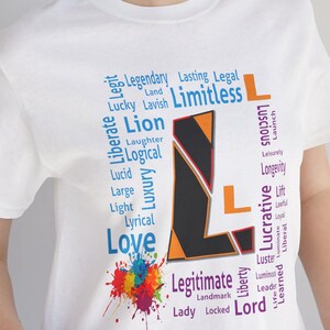 Großes L Buchstabe T-Shirt, positive Vibes T-Shirt mit erhebenden L Worten, motivierendes minimalistisches Shirt für Selbstvertrauen und Selbstliebe