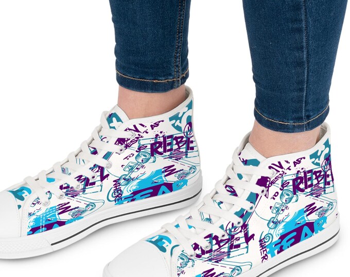 Colorful Women's High Top Sneakers, Trendy Footwear, Casual Style, Unique Gift, Graffiti Art Sneakers, Street Fashion Shoes