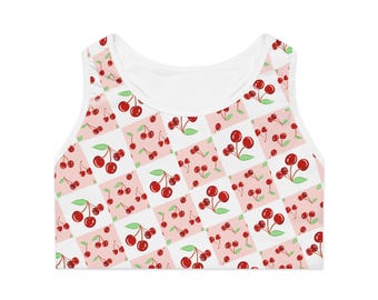 Cherry Print Sports Bra, Cute Fitness Top, Summer Workout Gear, Athleisure Wear, Gifts for Her, Activewear Essentials