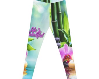 Women's Serenity Leggings - Floral & Bamboo Design, Yoga Pants, Workout Leggings, Athleisure Wear, Motivational Apparel