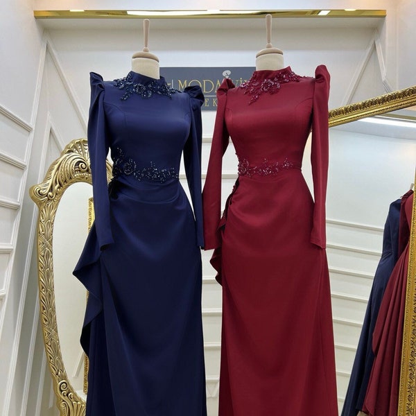 ASUDE Evening Dress - Elegant Satin Gown, Available in Sizes 36-44, Made in Turkey