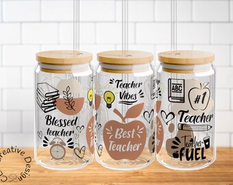 Best Teacher Sipper Glass, Minimalist Neutral Iced Coffee Cup, Blessed Teacher Glass Can with Bamboo Lid, Teacher Gift