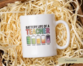 Funny Teacher Coffee Mug: Battery Life Humor, Teacher Appreciation Gift