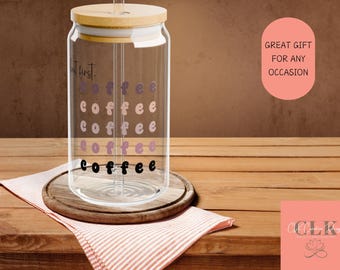 But First, Coffee Glass Tumbler - Aesthetic Iced Coffee Cup with Bamboo Lid & Straw | Trendy Reusable Can Glass for Coffee Lovers