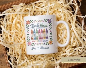 Personalized Teacher Mug, Crayon Floral Design, Teach Love Grow
