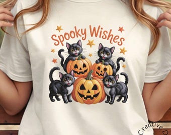 Spooky Wishes Halloween T-Shirt, Schwarze Katze Kürbis Grafik