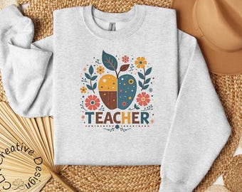 Retro Floral Teacher Apple Sweatshirt - Boho Fall Crewneck