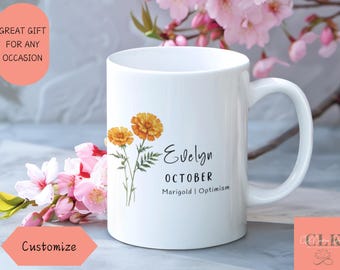 Personalized October Birth Flower Mug: Marigold Floral Ceramic Cup