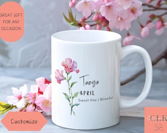 Personalized April Birth Flower Mug: Sweet Pea Floral Coffee Cup