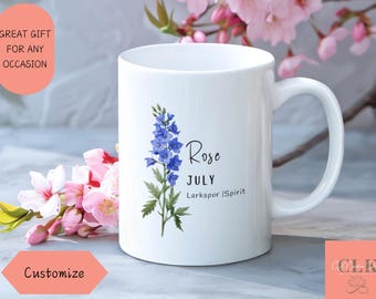 July Birth Flower Mug - Custom Birth Flower Cup, Personalized Ceramic Floral Mug, Larkspur Flower, Gift for Her, Coffee Lovers Gift