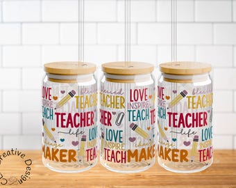 Teacher Life Iced Coffee Glass Can: Colorful 16oz Sipper with Optional Bamboo Lid