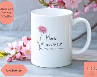 Personalized November Birth Flower Mug: Chrysanthemum Floral Cup