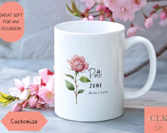 Personalized June Birth Flower Mug: Custom Rose Coffee Cup