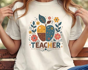 Retro Floral Apple Teacher Shirt: Boho Back to School Tee