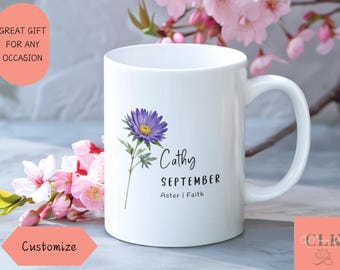 Personalized September Birth Flower Mug: Custom Aster Floral Cup