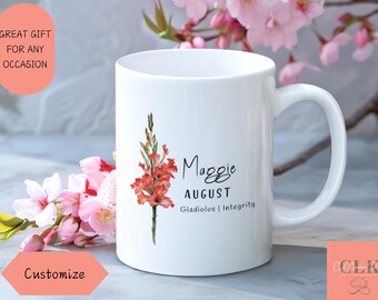 Personalized August Birth Flower Mug:  Gladiolus Floral Ceramic Cup