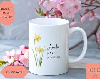 Mug personnalisé fleur de naissance en mars : tasse à café jonquille personnalisée en céramique
