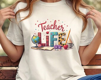 Teacher Life T-Shirt: Coffee, Books & Classroom Graphic, Gift for Teacher