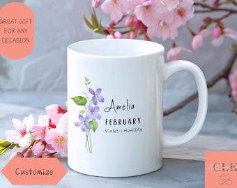 Personlig februari-födelseblommamugg: Violett blommig kaffekopp