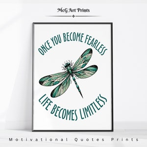 Once You Become Fearless Green Dragonfly Wall Art Print Motivational Quote Positive Affirmation Poster Aesthetic Living Room Decor|PWA#637