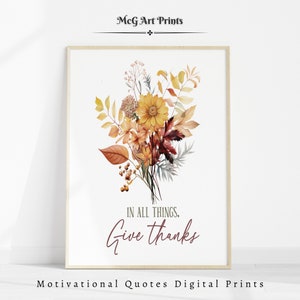 In All Things Give Danke Wand Kunst Herbst Blätter Bouquet Herbst Poster Ästhetik Wohnzimmer Home Decor Positive Affirmation |PWA # 426