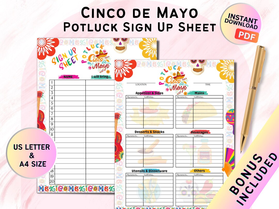 Cinco De Mayo Potluck Sign up Sheet Printable Instant Download W/ Bonus ...