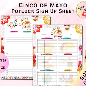 Cinco de Mayo Potluck Aanmeldblad Afdrukbare Instant Download met bonuspagina | Inschrijfformulier voor eten | Inschrijfformulier partij