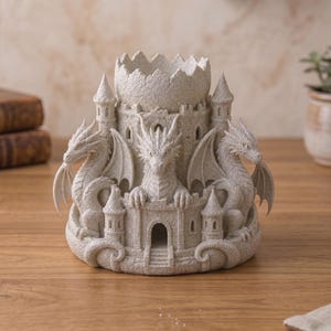 Peut inclure: Figurine de château de dragon blanc cassé. Trois dragons aux ailes déployées sont positionnés autour du château. Le château a plusieurs tourelles et une tour centrale avec un sommet texturé et ouvert. La figurine est sur une surface en bois.