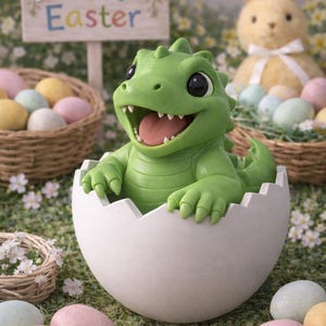 Può includere: Una statuina di dinosauro verde che esce da un guscio d'uovo bianco, sorridente. La scena comprende uova di Pasqua dai colori pastello, un cartello con la scritta "Happy Easter" e un coniglietto di peluche sullo sfondo. L'ambientazione è un'area erbosa.