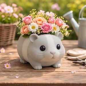Può includere: Un vaso a forma di criceto grigio pieno di un bouquet di rose rosa e pesca, margherite bianche e fiori gialli di riempimento. Il vaso poggia su una superficie di legno, con uno sfondo sfocato di verde e altri fiori.