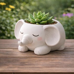 May include: A white ceramic elephant planter with a succulent plant. The planter has a smiling face, large ears, and pink cheeks. The succulent is green and leafy, and the planter is sitting on a wooden surface.