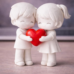 May include: A white figurine depicting two figures embracing a red heart. The figures are smiling and dressed in white attire. The heart is a bright red, standing out against the white figures. The theme is love and affection.