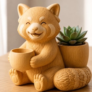 May include: A wooden planter shaped like a smiling red panda holding a small cup, with a separate pot holding a green succulent. The red panda has detailed fur texture and is sitting on a textured base. The planter is designed for small plants.