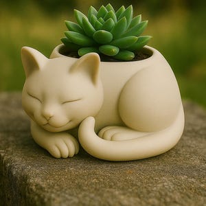 Pode incluir: Um vaso em forma de gato creme com uma suculenta verde. O gato está enrolado, com os olhos fechados. O vaso está sobre uma superfície de pedra, com um fundo verde desfocado. A suculenta é verde vibrante.