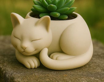 May include: A cream-colored cat-shaped planter holding a green succulent. The cat is curled up, with its eyes closed in a peaceful expression. The planter sits on a stone surface, with a blurred green background.
