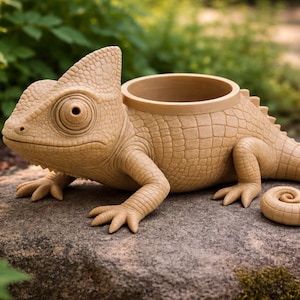 May include: A tan-colored chameleon-shaped planter with a large, open top for plants. The detailed sculpture features textured skin, a curled tail, and realistic eyes. It is resting on a stone surface, surrounded by greenery.