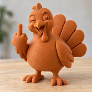 May include: A 3D-printed orange turkey figurine with a textured surface. The turkey is winking, has its beak open, and is holding up its right wing with the middle finger extended in a gesture. It features a fanned tail and two feet.