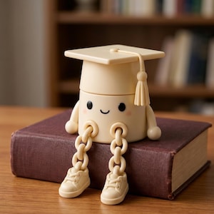 Può includere: Una statuetta color crema a tema laurea, con un volto sorridente, che indossa un cappello da laurea e scarpe da ginnastica. La statuetta è seduta su un libro marrone chiuso. Le gambe della statuetta sono fatte di maglie di catena.