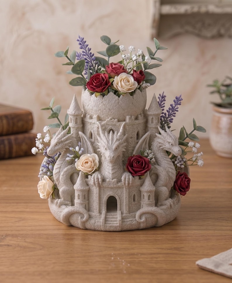 Turret And Roses Dragon Castle Planter STL, Three Dragons, Medieval Fantasy Decor ...