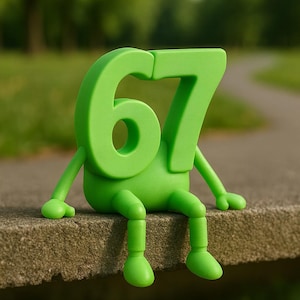 May include: A bright green, whimsical figurine of the number 67 with arms and legs, sitting on a concrete ledge. The figure has a cartoonish design, with rounded features and a playful pose. The background is a blurred park scene.