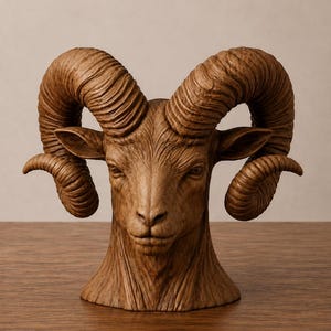 Könnte beinhalten: Detaillierte, braune Widder-Skulptur mit großen, gebogenen Hörnern. Der Kopf des Widders ist aufwendig geschnitzt und zeigt die Textur des Fells und die Form der Hörner. Die Skulptur steht auf einer Holzoberfläche.