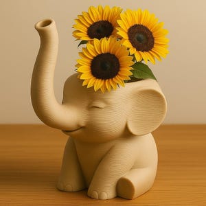 Könnte beinhalten: Beige Elefanten-Vase aus Keramik mit drei Sonnenblumen. Die Sonnenblumen haben gelbe Blütenblätter und dunkelbraune Zentren. Die Vase steht auf einer Holzoberfläche. Die Vase ist etwa 20 cm hoch.